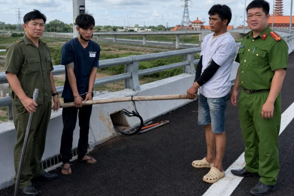 Công an đưa hai đối tượng cắt trộm dây điện chiếu sáng trên cao tốc đến hiện trường, thực nghiệm điều tra vụ việc.