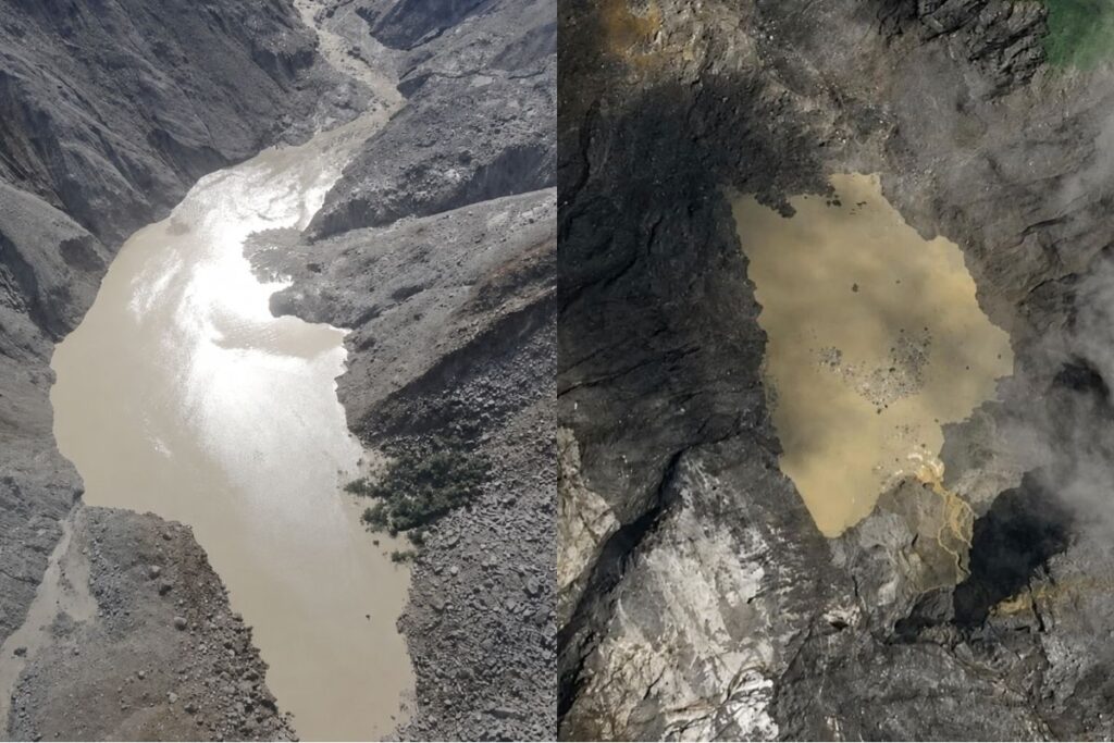 Hai hồ chắn ở Nepal tiếp tục hạ nước; ảnh drone và vệ tinh cho thấy các vùng nước hình thành sau sụp băng đá ở biên giới.
