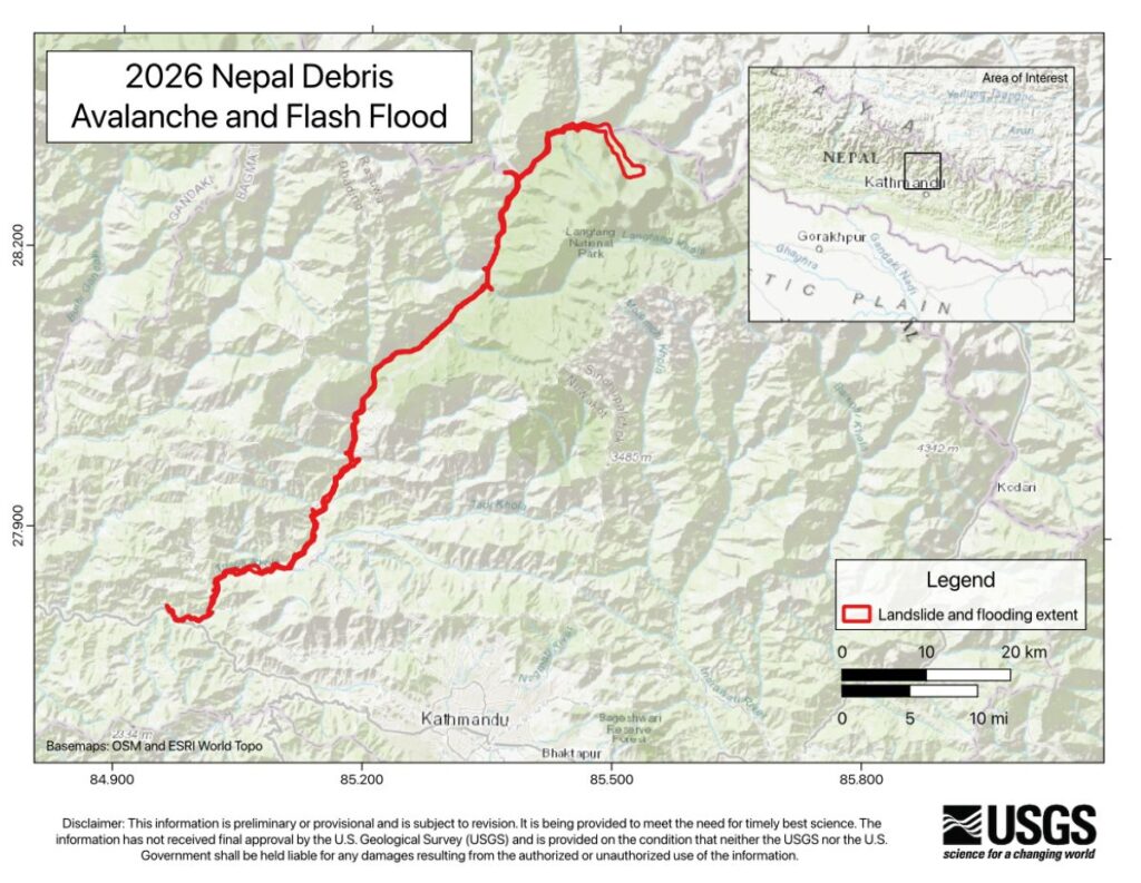Bản đồ USGS cho thấy phạm vi dòng vật liệu và lũ quét Nepal kéo dài gần 100 km từ vùng Langtang xuống hạ lưu.