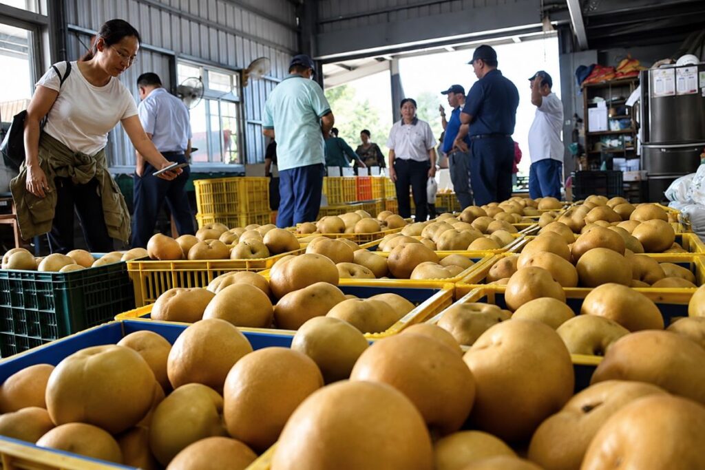 Nông dân Việt tại vùng lê xứ Đài đang tạo dấu ấn với nghề trồng lê, từ chăm sóc đến thu hoạch và phân loại sản phẩm.